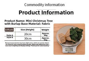 Size chart showing 20cm and 30cm mini Christmas trees with burlap base and fabric material