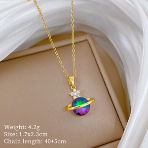 Detail of galaxy planet necklace with gradient ball, star charm and size specifications