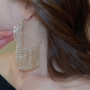 Macro detail of oversized silver tassel earrings with sparkling rhinestones on model