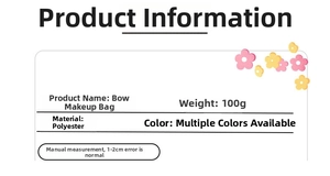 Detailed product specifications of the polyester bow travel makeup bag in multiple colors