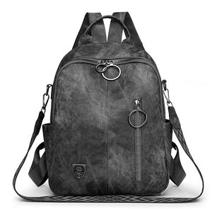 Vintage dark gray soft leather backpack with large capacity and large round ring zippers