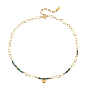 18K gold plated stainless steel heart chain necklace with green bead and heart pendant