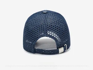 Detail of dark blue mesh baseball cap back showing breathable fabric and metal buckle