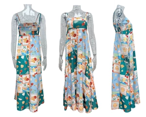 Three-way view of a tropical print maxi dress with banana and pineapple patterns
