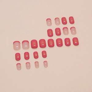 Short square pink gradient fake nails with French tips set of 24 pieces for women