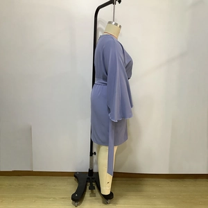 Detail showing light blue dress with elegant bell sleeves and waist tie design