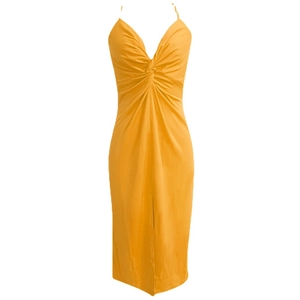 Robe licou orange élégante avec détail de nœud torsadé et fente latérale dos nu sexy