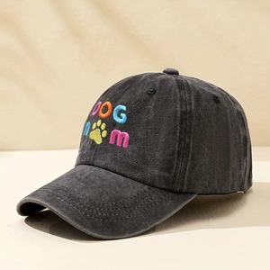 Faded black washed cotton baseball cap featuring colorful DOG MOM embroidery and paw prints