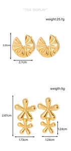 Detailed tile display of gold geometric earrings with precise dimensions and weight specs