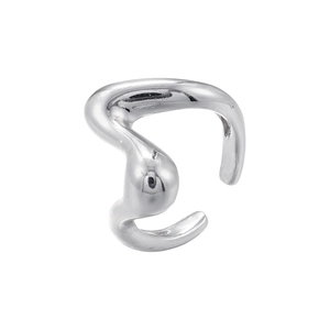 Macro shot of liquid metal style silver open ring with irregular fluid organic shape