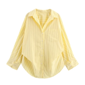 Classic yellow vertical striped long sleeve cotton shirt with chest pocket and lapel collar