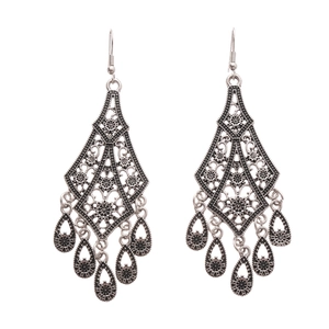 Vintage hollow flower teardrop tassel drop earrings in antique silver bohemian style