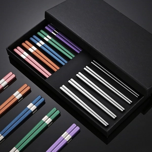 Detail of 10-pair colorful and silver stainless steel chopsticks set in a black gift box