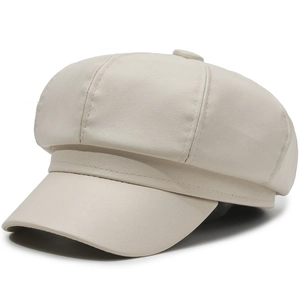 Women's cream faux leather baker boy hat with Octagonal fashion design and stitching details