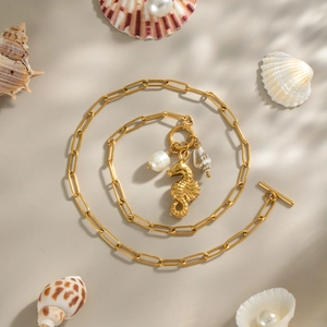 18K gold plated seahorse and pearl necklace with OT toggle clasp and seashell charms