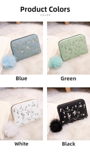 Detailed grid view of embroidered short wallets with plush balls in blue, green, white, black
