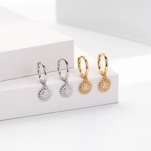 Elegant S925 sterling silver sun flower huggie earrings with sparkling cubic zirconia