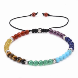 Detail of 4mm colorful chakra stone beads with adjustable woven cord and metal spacer