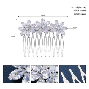 Detail view of bridal silver hair comb with zircon flower petals and size specifications