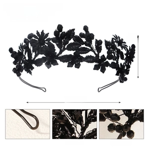 Close-up of black floral crown details with dimensions and acrylic crystal material info