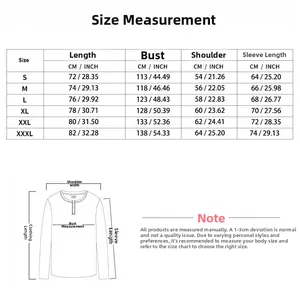 Detailed size chart for men's long sleeve henley shirt with measurements in CM and INCH