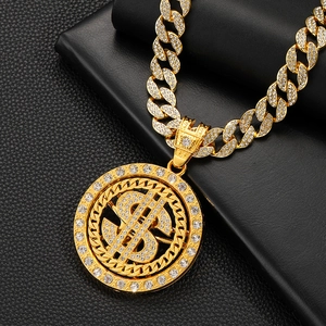 Hip hop gold Cuban chain necklace with spinning dollar sign pendant and pavé rhinestones