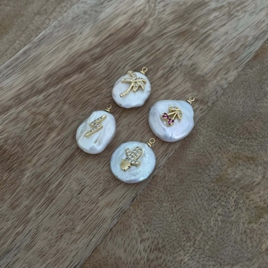 Detailed baroque pearl charms with gold coconut tree, lightning, cherry, and cactus motifs