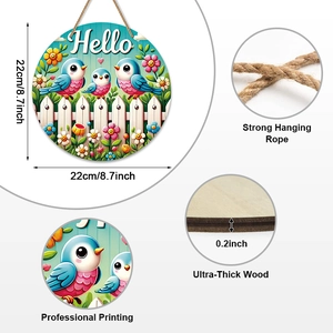 Hello welcome wood door sign with blue birds and spring floral pattern for home decor