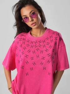 Women Oversized Cotton T-Shirt Vintage Washed Rhinestone H Pattern Drop Shoulder Loose Casual Top
