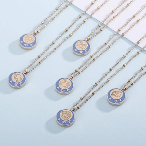 Minimalist 12 Zodiac sign pendant necklaces with light blue enamel in gold-plated steel