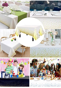 Collage of disposable plastic rectangular party tablecloths with gold and blue dot patterns