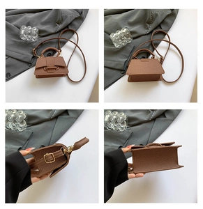 Collage de mini sac à main marron montrant les vues avant, arrière, latérales et détails