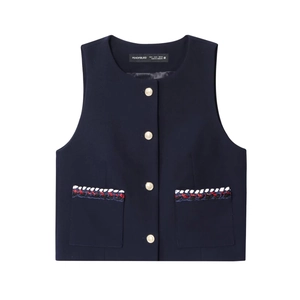 Gilet bleu marine pour femme avec boutons dorés et bordures tressées colorées chic