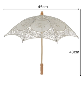 Detail view of 45cm white lace wedding umbrella with floral embroidery and wooden handle