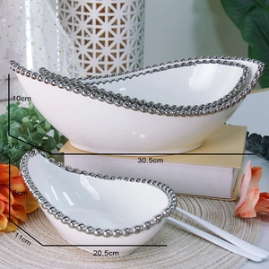 Detailed size specifications for white ceramic boat bowls with silver beaded edges