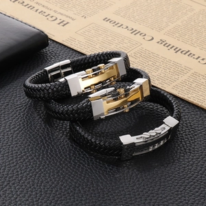 Detail of punk leather bracelets with metal rivets and magnetic clasp on a retro background