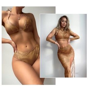 Three-piece bikini set with marble print mesh cover-up and side slit maxi skirt detail