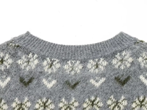 Detail of round ribbed collar and Fair Isle jacquard knit pattern on grey mohair sweater