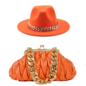 British style orange felt wide brim jazz hat and matching ruched cloud bag set with gold chains