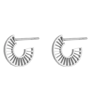 Minimalist silver C-shaped hollow hoop earrings with sunburst pattern in modern geometric style