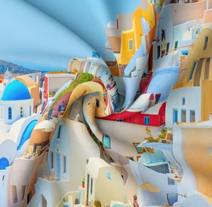 Close-up of printed Santorini landscape tapestry fabric showing fine weave texture and details