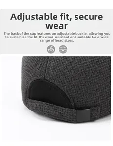 Detail of adjustable metal buckle and warm knit texture on winter baseball cap