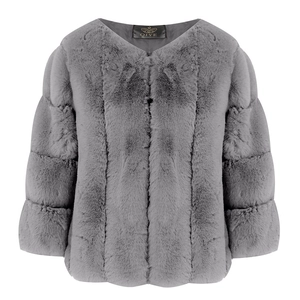 Close-up of gray faux fur jacket showing high-quality plush texture and collarless design