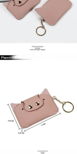 Detail showing dimensions of 11x7.8x0.6 cm for pink cartoon pig leather card holder