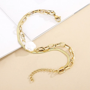 Golden double layer bracelet with baroque pearl and snake chain for women