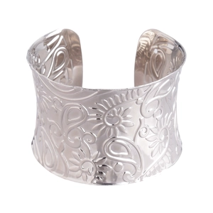 Exaggerated vintage metal open bangle with paisley floral embossed patterns