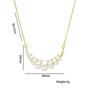 Luxurious freshwater pearl and zircon curved pendant necklace in gold titanium steel