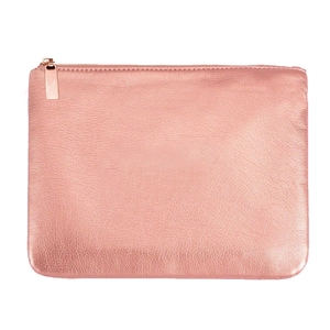 Estuche para brochas de maquillaje de cuero oro rosa con cremallera dorada y capacidad