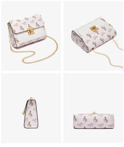 Detail shots of white crossbody bag with brown horse patterns and gold chain strap