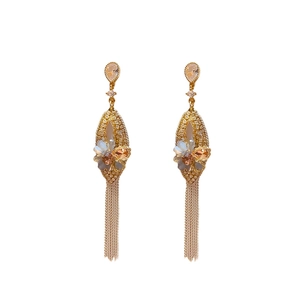 Exquisite gold floral fringe earrings with sparkling crystals and long chain tassels